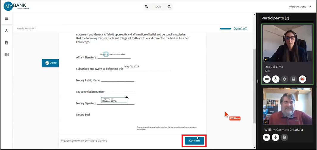 After the signer completes the document, the notary signs and then applies their eNotary seal to the document. The notary clicks ‘Confirm’.